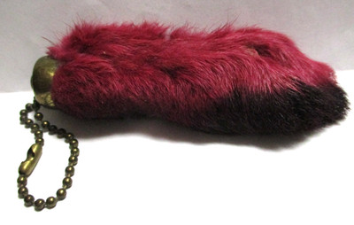 VINTAGE LUCKY RABBIT'S FOOT KEYCHAIN, UNUSUAL MAROON & BLACK