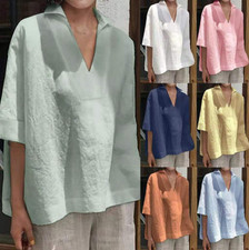 Summer Cotton Linen T-Shirt Women 3/4 Sleeve N-neck Tops Casual Loose Fit Blouse