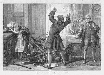 THEATERSZENE aus ''Arkwrights Frau'' auf dem Globus - antiker Druck 1873