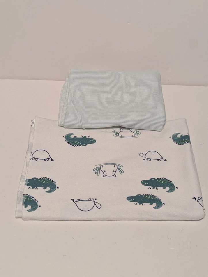 Carter's Lot Of 2 Cotton Flannel Receiving Baby Blankets Alligator Turtle Hippo - Image 3 of 4