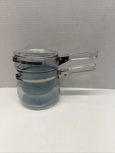 Pyrex Flameware Glass Double Boiler Blue Tint 6763 L 6763 U Vintage INCLUDES LID