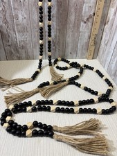3 Wood Bead Garlands Home Decor w/ Tassels 50  Ea Farmhouse Tray Decor Black