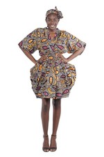 African Short Dress 100 Cotton Smocked Waist w/ Headwrap V Neck One Size