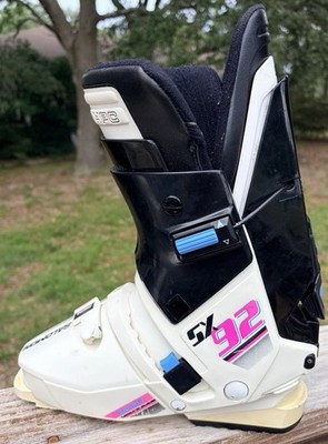 Vtg Salomon SX92 Equipe Ski Boots Rear Entry White/Pink/Black- Size 315 READ DES