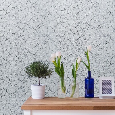 Wallpaper textured modern faux cracked plaster lines White Grey Black silver 3D