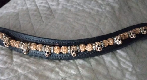 16" Dk Brown UShape bling Browband with golden Skulls & Crystals