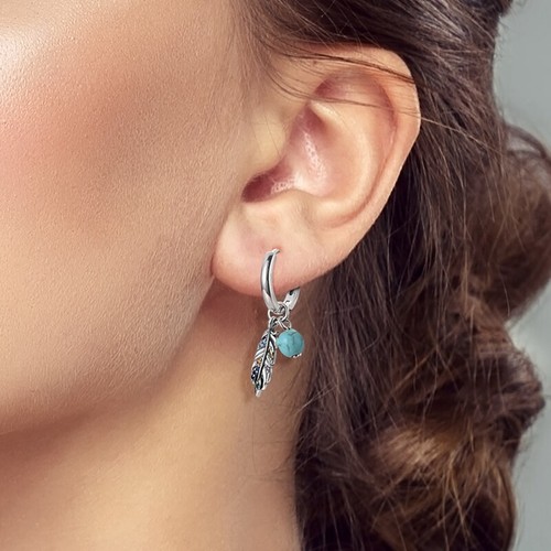MULA 925 Sterling Silver Feather Turquoise Hoop Earrings CZ for Women Jewelry - Picture 2 of 5