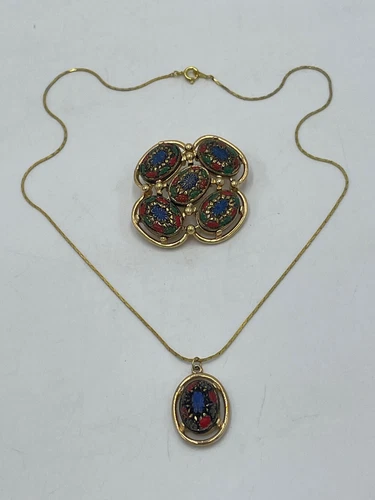 VTG Sarah Coventry 1968 Light Of The East Mosaic Brooch Pin & Pendant Necklace