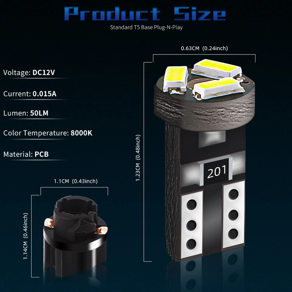 100Pcs T5 37 74 LEDs Lights Bulbs 3/8 Sockets Instrument Panel Cluster Dashboard - Image 2 of 4