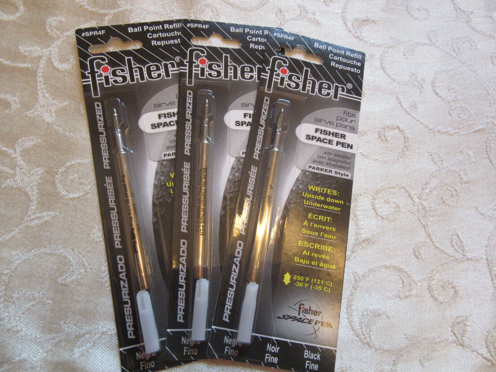 3 FINE POINT BLACK REFILLS -Fisher Space Pen- FINE point SPR4F on blister card