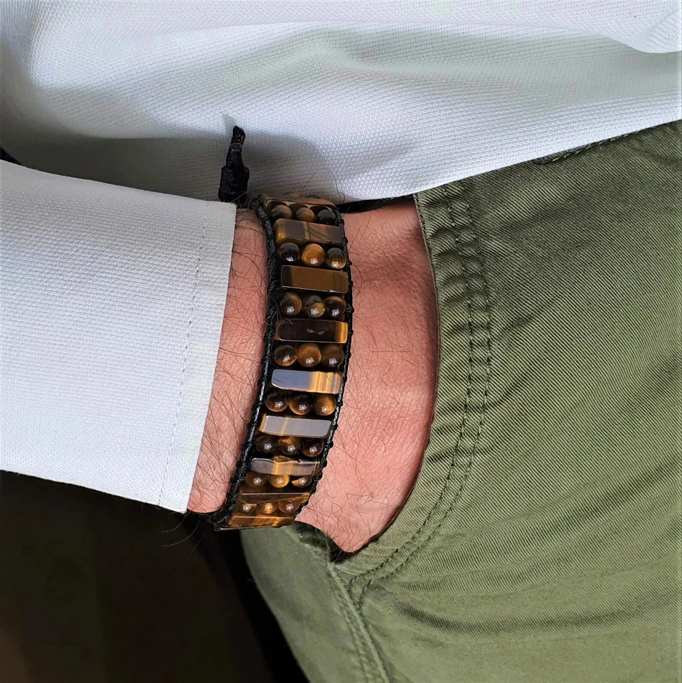 Pulseira masculina natural olho de tigre contas de pedra equilíbrio de chakra presente feita à mão - Imagem 3 de 3