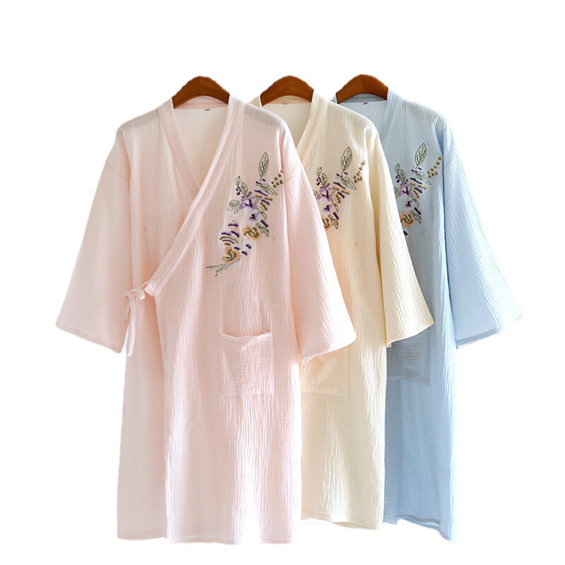 Damen Baumwolle Waffel Bademantel Bestickt Blumenmuster Locker Schnürer Kimono