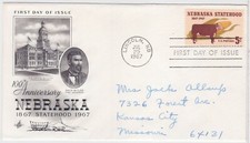 TurtlesTradingPost- Nebraska Centennial #1328 1967 FDC- Artcraft Cachet