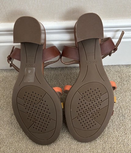 Sandalias GEOX Respira Marrón Mostaza Naranja Tirantes Enjauladas Tacón Bloque EU 40 UK6 NUEVAS - Imagen 7 de 9