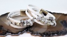 3 Strand White Leather Bracelet with Crystal Beads Magnetic Closure