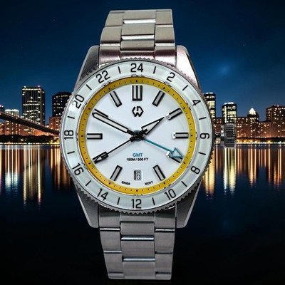 WISHDOIT GMT Man's Quartz watch Swiss Movement BGW9 Luminous Bezel NEW