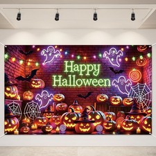Happy Halloween Banner, 71 x 43 Inch Neon Ghost 71x43 Inch, Multicolor