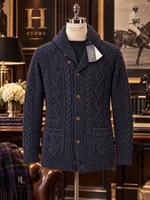 Ralph Lauren Gent s Size Medium Aran Knit Shawl Collar Cardigan Sweater Blue New