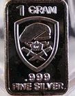 1 Gram .999 Fine Silver Art Bar Ingot. Skull & Knives. Fun Way Of Investing.