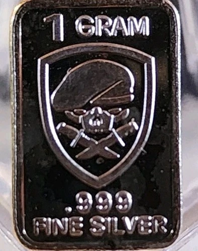 1 Gram .999 Fine Silver Art Bar Ingot. Skull & Knives. Fun Way Of Investing.