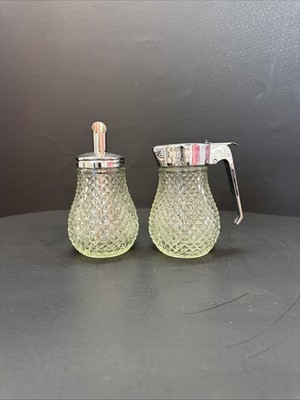 Vintage Sugar And Syrup Dispenser Diamond Point Cut Glass Stainless Steel Top
