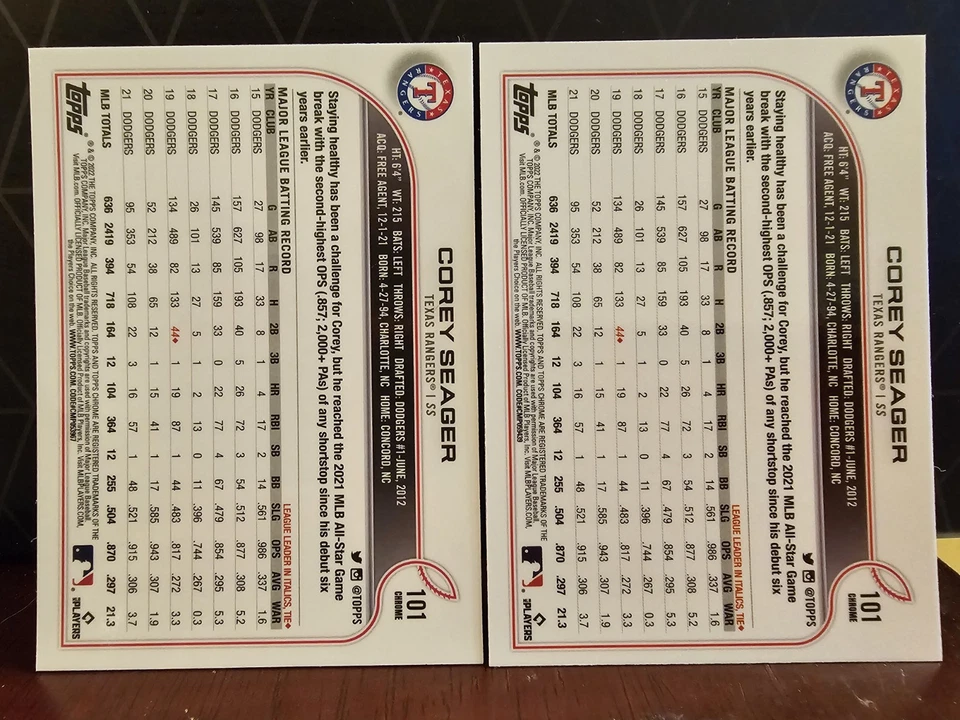 2022 Topps Chrome  Corey Seager Texas Rangers #101  2 Card Lot Raywave X-fractor - Image 2 of 2