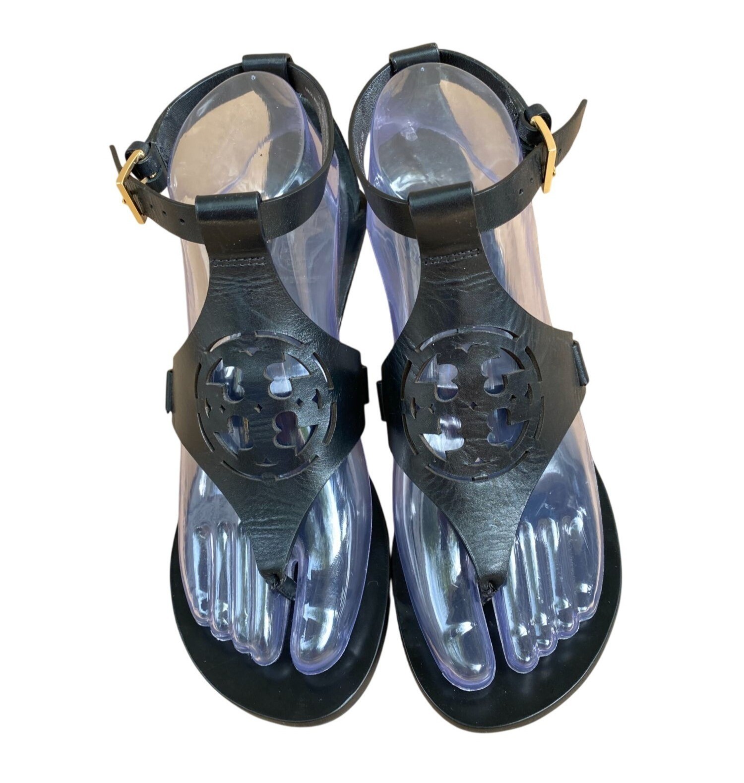 Tory Burch Black Zoey Wedge Sandals Size 6 Leather Ankle Strap Quiet Luxury