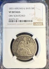 1853 Seated Liberty; Arrows & Rays; Silver 50C; NGC VF Scratched Design