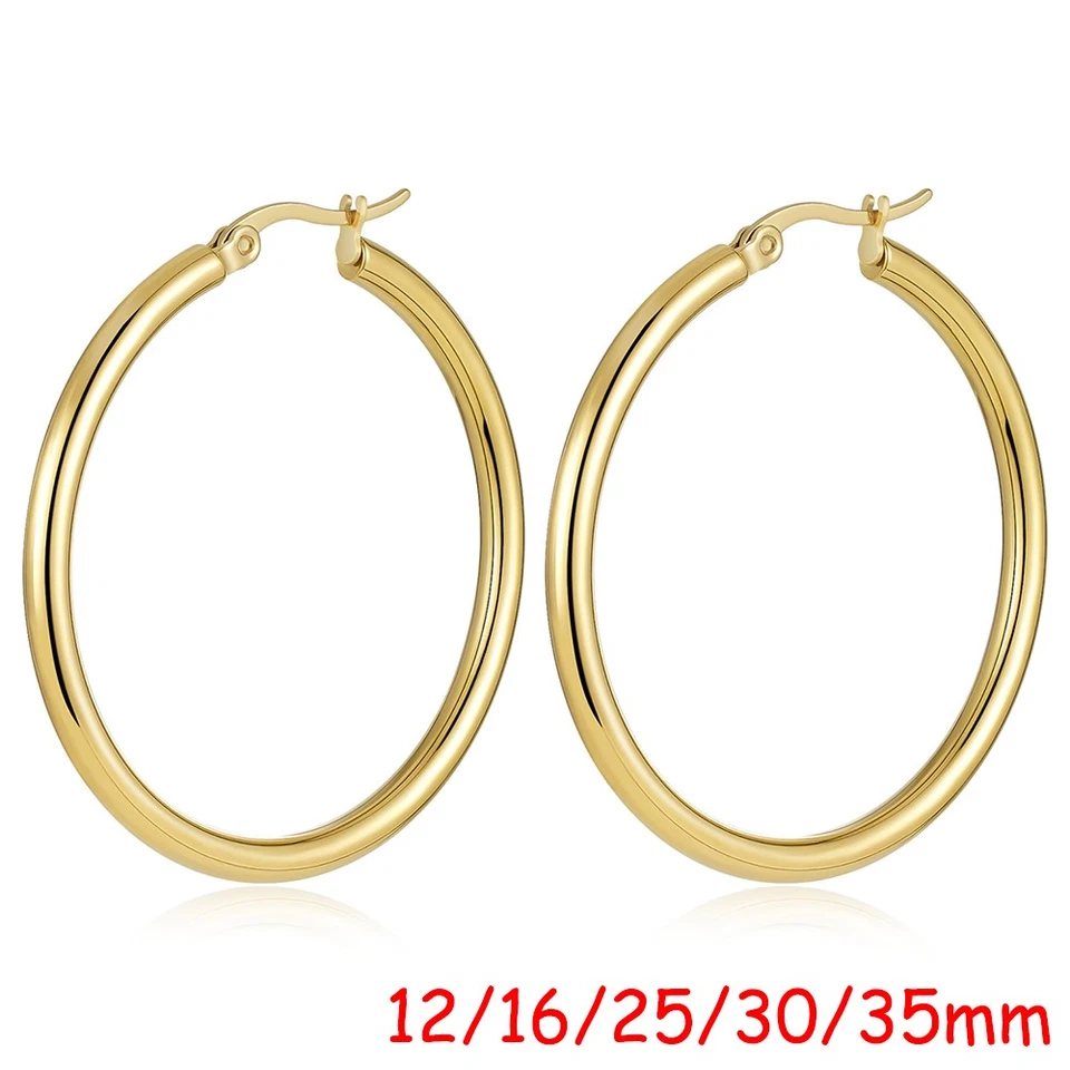 14K Real Solid Yellow Gold Shiny Polished Round Creole Hoop Earrings All Sizes - Image 3 of 4