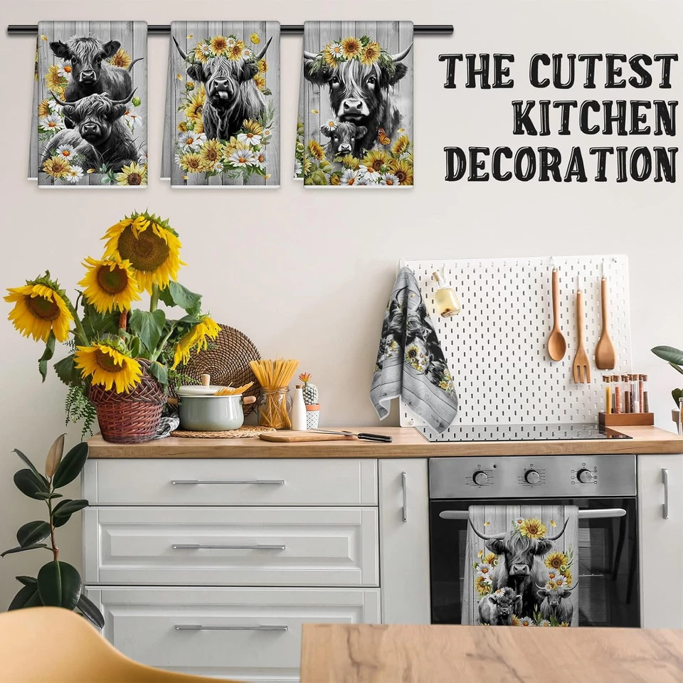 6 Pcs Highland Cow Kitchen Towels Highland Cow Themed Dish Towels Seasonal Cute - Image 4 of 4