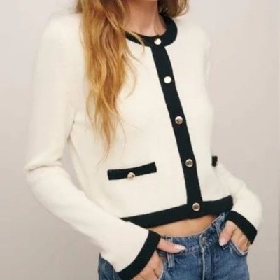 H&M Women's Medium Cream Fine Knit Cardigan Gold Button Contrast Trim Preppy New