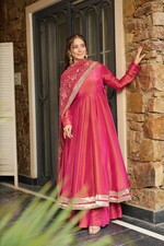 Fashionable Roman Simmer Silk Gown And Bottom With Dupatta Reception Wear