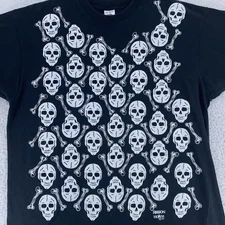 Vintage Fashion Victim Skull Bones All Over Print Shirt L/XL Black Skeleton 90s