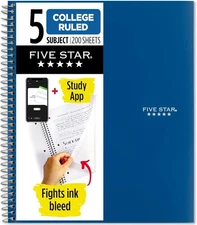 Five Star Spiral Notebook 5 Subject College Ruled Paper 8.5x11" 200 Page Blue