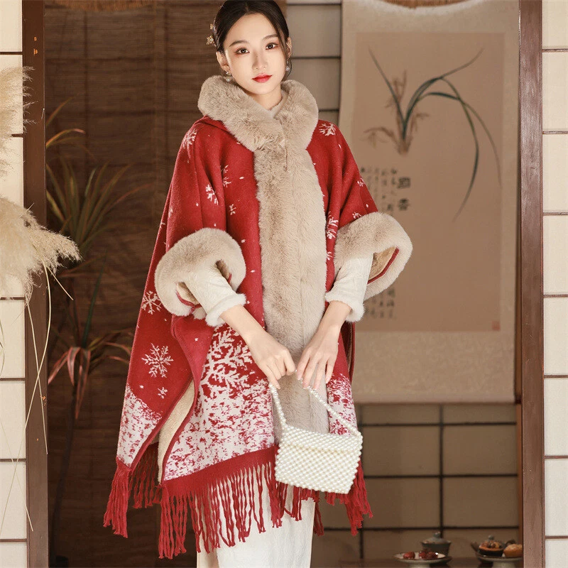 Chinese Women Winter Qipao Cape Christmas Wool Thickened Tassel Coat Plus  Size