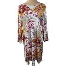 Est. 1946 Swing Dress Paisley Bell sleeve Stretch Mustard Maroon Size M Medium