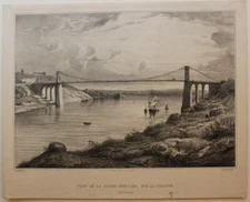 Pont de la Roche Bernard, Hawke, lithographie originale XIXe Bretagne