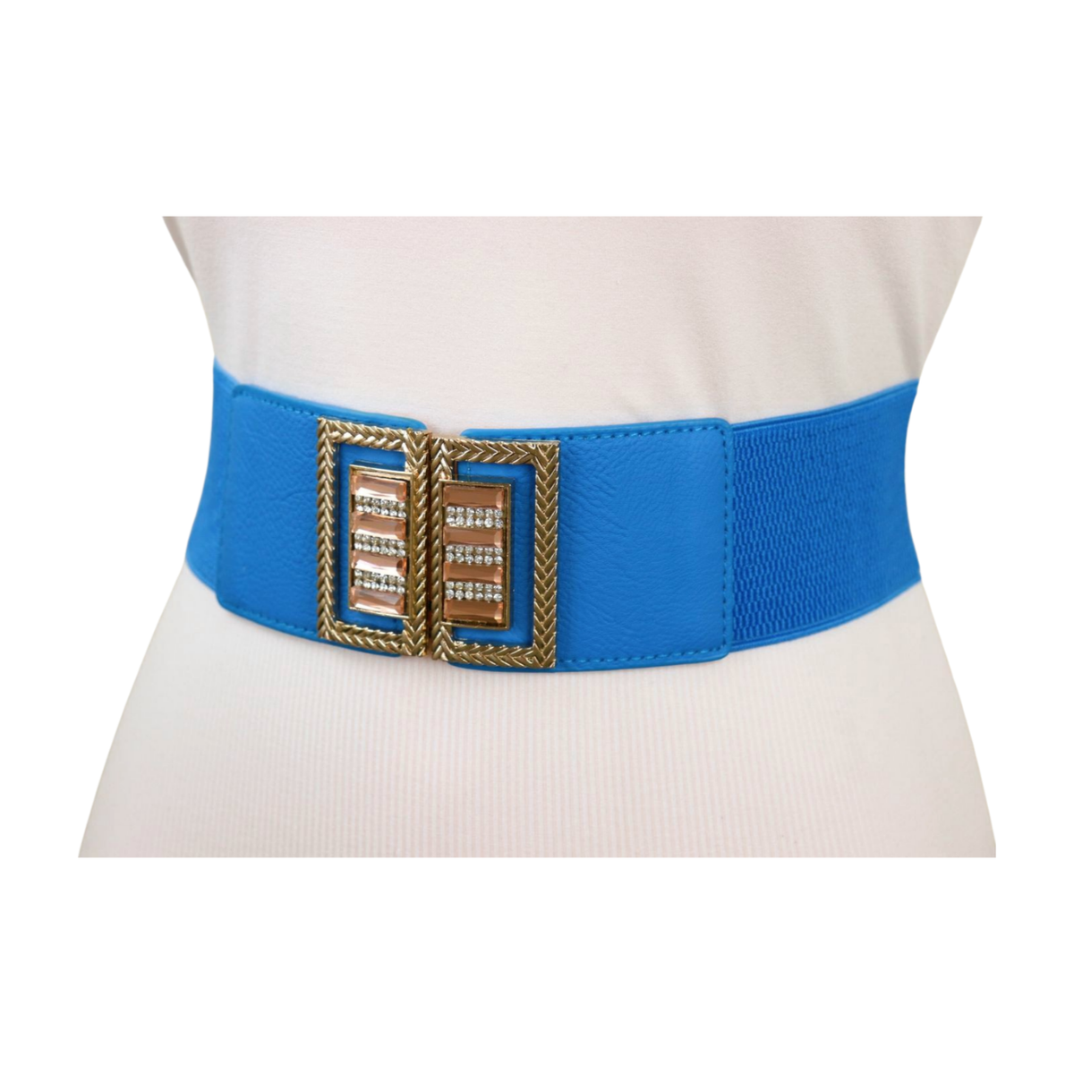 Women Blue Wide Elastic Cinch Fabric Fashion Belt Gold Bling Square Buckle  S M