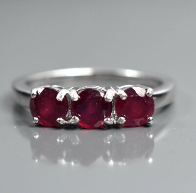  Natural July Birthstone Red Ruby Gemstone 925 Sterling Silver Three Stone Ring