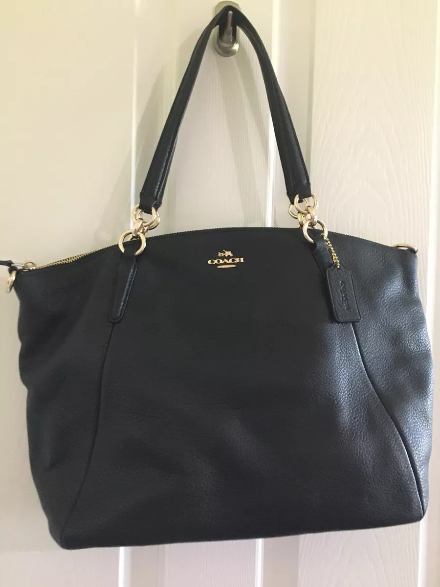 New COACH Pebble Leather Large KELSEY Satchel Tote Bag Midnight Navy Blue F36591