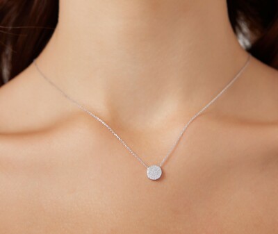  14K SOLID WHITE GOLD DIAMOND CIRCLE NECKLACE, DIAMOND DISC NECKLACE