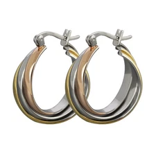 Brand New Stainless Steel 3-Tone Womens Multi-Bangle Interlocking Hoop Earrings
