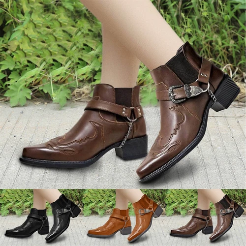 Herren Stiefeletten dicke Ferse spitze Schnalle Stiefel Cowboy Schuh - Bild 10 von 18