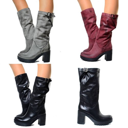 Stivali Morbidi Tacco Largo Pelle Made in Italy Polpaccio Regolabile Bikc |  eBay