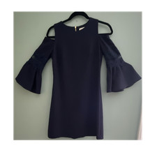 Eliza J Navy Sheath open Shoulder Dress 2P Petite Bell Sleeve Lace Zip with slip