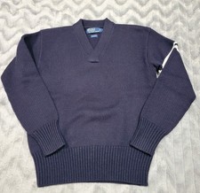 Polo Ralph Lauren Mens M 100 Wool Vtg V Neck Navy Blue Preppy Knit Sweater