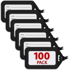 -Usa Luggage Tags (Black, 100 PK), Bag Tag for Baggage, Suitcase Tags Bulk