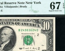 1990 $10 New York Federal Reserve Note FRN &bull; Fr. 2029-B &bull; PMG 67 EPQ