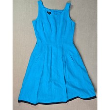 Talbots Pure Irish Linen Fit and Flare Dress Blue Teal Black Trim Pockets Size 8