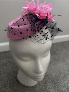 Pink Fascinator Headpiece Hat W/Clip Flower Polka Dot Tulle Beads Feather